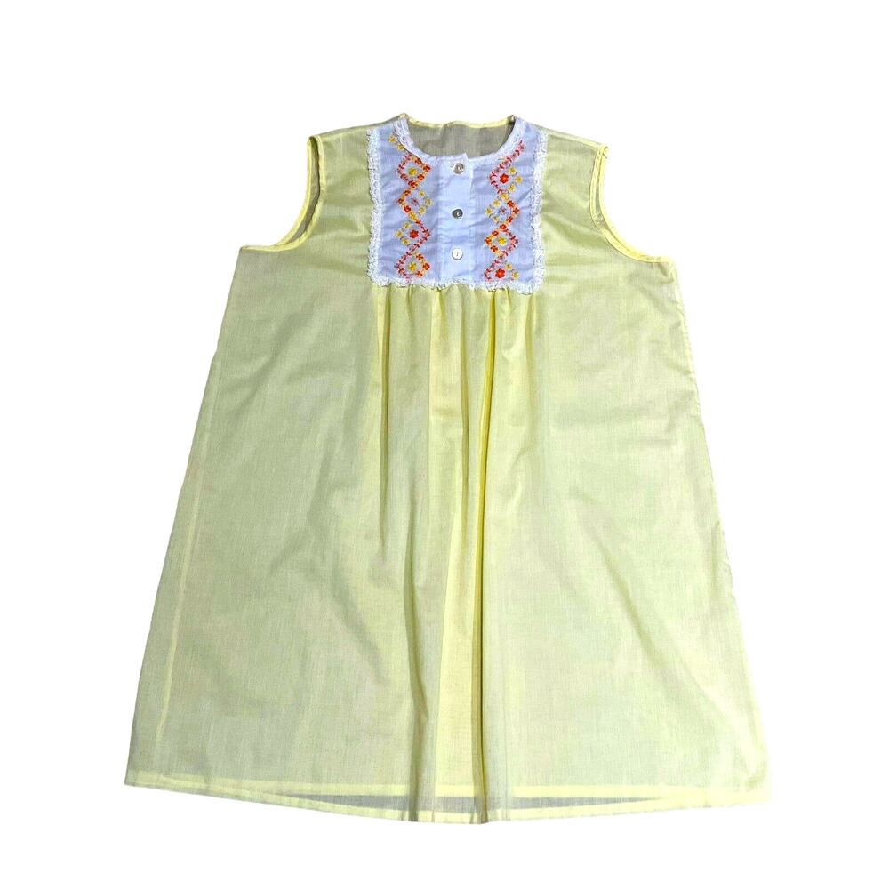 Embroidered House Dress Vintage Womens 1970s Yellow Sleeveless Short Comfort M/L